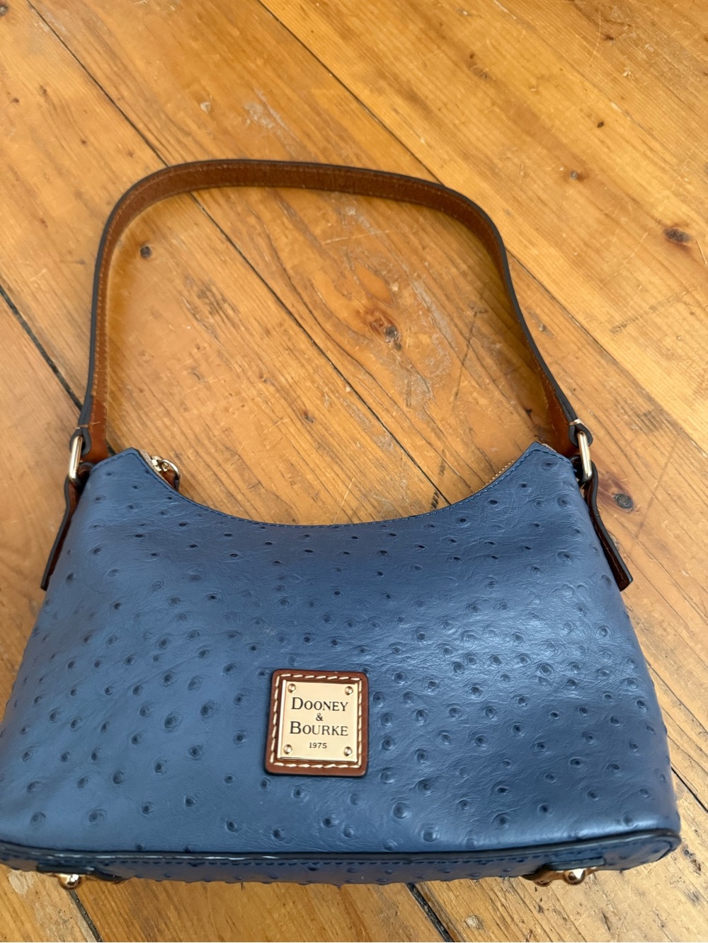 Dooney & Bourke Blue Ostrich-Embossed Leather Petit Shoulder Bag w Brown Strap